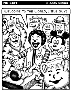 MARKETEERS WELCOME A NEWBORN INFANT by Andy Singer