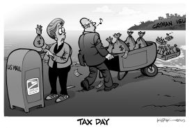 PAYING TAXES US MAIL, CAYMAN ISLANDS BLACK  WHITE by Kirk Anderson