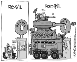 MILITARIZED COPS AND DONUTS BW by John Cole