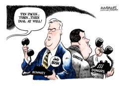 JEB BUSH AND CHRISTIE VIE FOR ROMNEY DONORS COLOR by Jimmy Margulies
