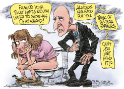 GOVERNOR BROWN SAVING WATER IN THE BATHROOM  by Daryl Cagle