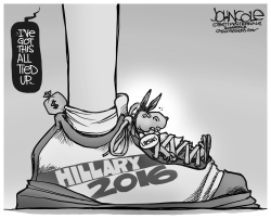 HILLARY TIES UP LIBERALS BW by John Cole