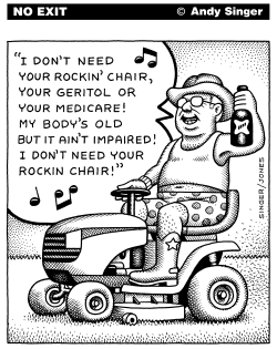 OLD GUY ON TRACTOR MOWER by Andy Singer