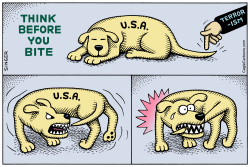 THINK BEFORE YOU BITE HORIZONTAL COLOR by Andy Singer