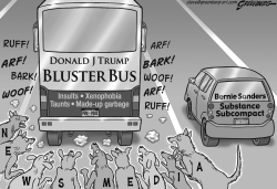 TRUMP BUS ATTENTION BW by Steve Greenberg
