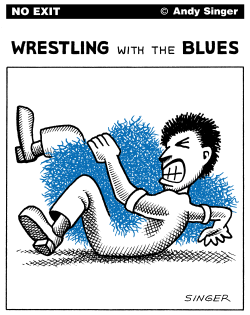 WRESTLING WITH THE BLUES COLOR VERSION by Andy Singer