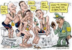 OLYMPIC SWIMMERS TRASH THE BATHROOM  by Daryl Cagle