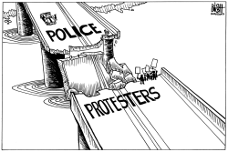 POLICE, PROTESTORS, B/W by Randy Bish