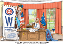 CUBS FAN HILLARY CLINTON MEASURES THE OVAL OFFICE DRAPES- by R.J. Matson