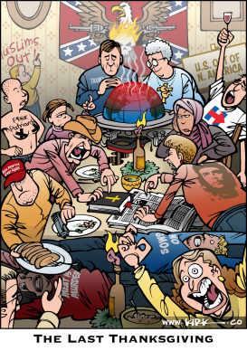 THANKSGIVING POLITICS NORMAN ROCKWELL PARODY by Kirk Anderson