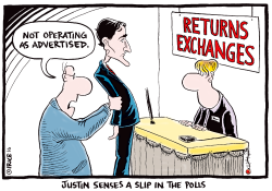 JUSTIN SENSES A SLIP IN THE POLLS by Ingrid Rice