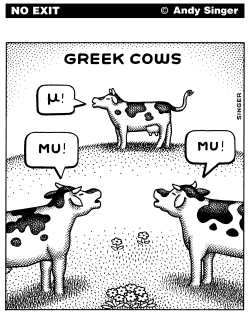 GREEK COWS BLACK AND WHITE VERSION by Andy Singer