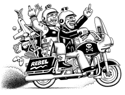 CONSUMER COUPLE ON MOTORCYCLE by Andy Singer
