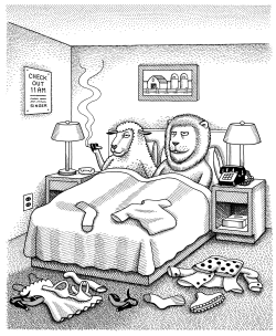 LION LAYS DOWN WITH LAMB by Andy Singer