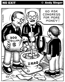 RUMSFELD AND CHENEY FLUSH MONEY DOWN IRAQ TOILET by Andy Singer