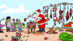 Santa & the refugees  by Emad Hajjaj