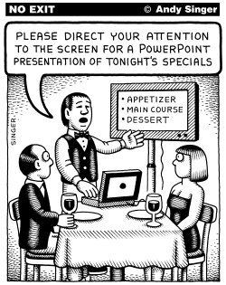 RESTAURANT WAITER USES POWERPOINT SOFTWARE by Andy Singer