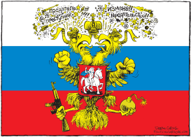RUSSIAN FLAG - TRI-S WITH EAGLE COAT OF ARMS by Daryl Cagle