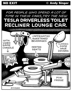TESLA DRIVERLESS TOILET LOUNGE CAR by Andy Singer
