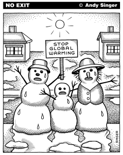 FAMILY OF MELTING SNOWMEN PROTEST GLOBAL WARMING by Andy Singer