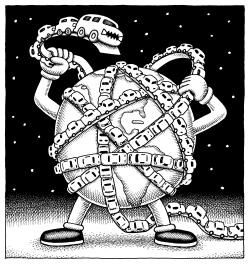 THE EARTH FIGHTS SERPENT OF CARS AND HIGHWAYS by Andy Singer