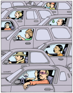 PEOPLE IN THEIR OWN WORLDS IN CARS by Andy Singer