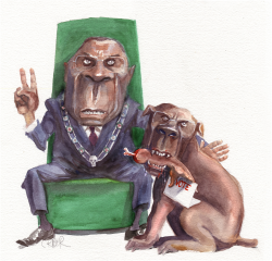 MUGABE WITH DOG CARRYING ARM by Riber Hansson