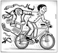 HAPPY BICYCLIST SHEDS POSSESSIONS by Andy Singer