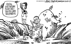 OBAMA WRESTLES FOX  by Mike Keefe