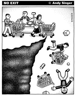 SHOPPING CARTS GO OFF CLIFF by Andy Singer