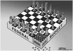 FEDERAL BUDGET CUTS CHESS AND CHECKERS BOARD by R.J. Matson