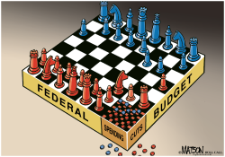 FEDERAL BUDGET CUTS CHESS AND CHECKERS BOARD- by R.J. Matson