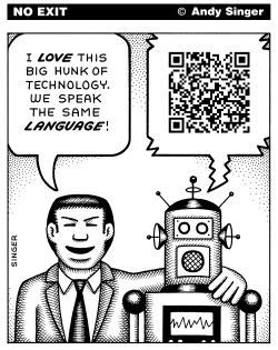 QR CODE ROBOT AND MAN by Andy Singer